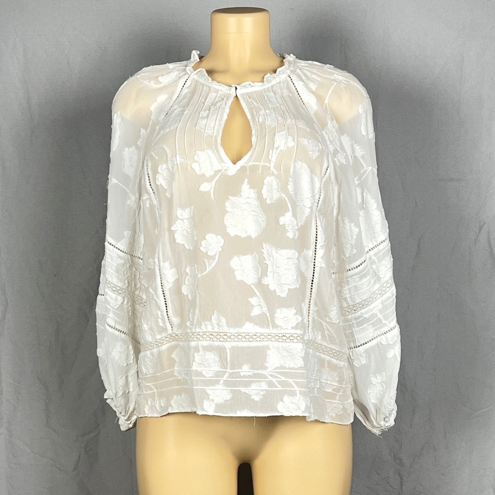 Joie Blouse Top Medium Flowy Lace Trim White Boho Cottagecore Romantic READ